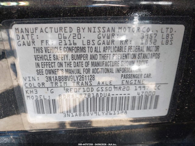 Продаж на аукціоні авто 2020 Nissan Sentra S Xtronic Cvt, vin: 3N1AB8BV9LY261128, номер лоту: 44787258