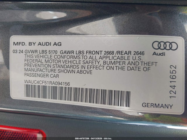 Продажа на аукционе авто 2024 Audi S5 Sportback Premium Plus Tfsi Quattro Tiptronic, vin: WAUC4CF51RA094156, номер лота: 44787256