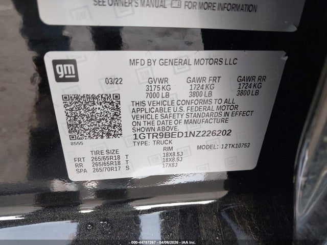 Aukcja sprzedaży 2022 Gmc Sierra 1500 Limited 4wd  Standard Box Sle, vin: 1GTR9BED1NZ226202, numer aukcji: 44787267