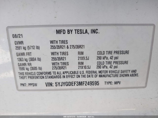 Продаж на аукціоні авто 2021 Tesla Model Y Performance Dual Motor All-wheel Drive, vin: 5YJYGDEF3MF249595, номер лоту: 44787275