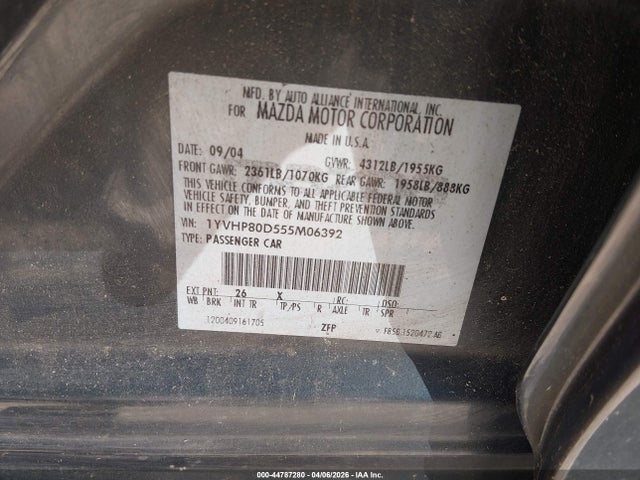 44787280 :رقم المزاد ، 1YVHP80D555M06392 vin ، 2005 Mazda Mazda6 S Sport مزاد بيع