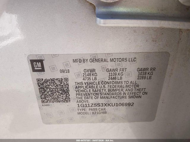 Продаж на аукціоні авто 2019 Chevrolet Impala Lt, vin: 1G11Z5S3XKU106992, номер лоту: 44787301