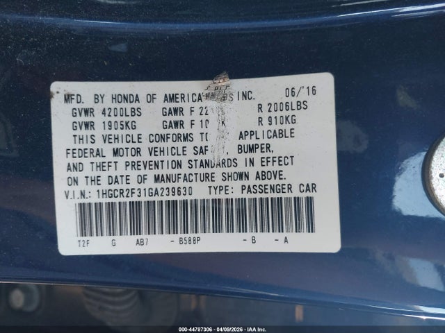 2016 Honda Accord Lx მანქანა იყიდება აუქციონზე, vin: 1HGCR2F31GA239630, აუქციონის ნომერი: 44787306