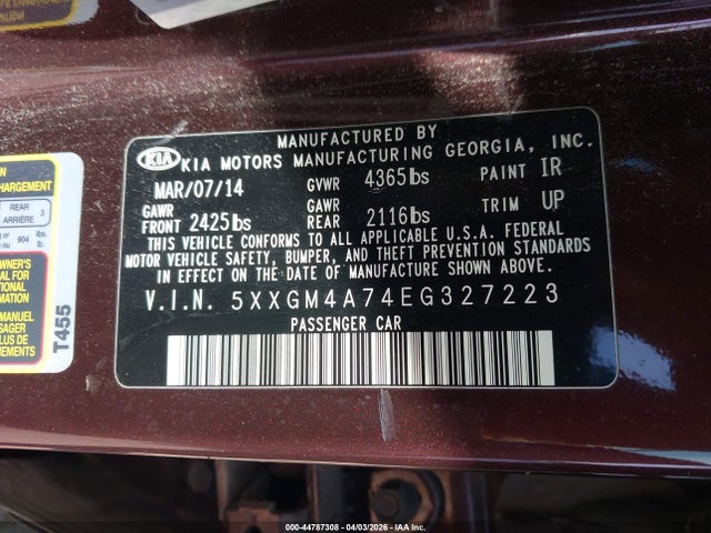 5XXGM4A74EG327223 KIA Optima Lx