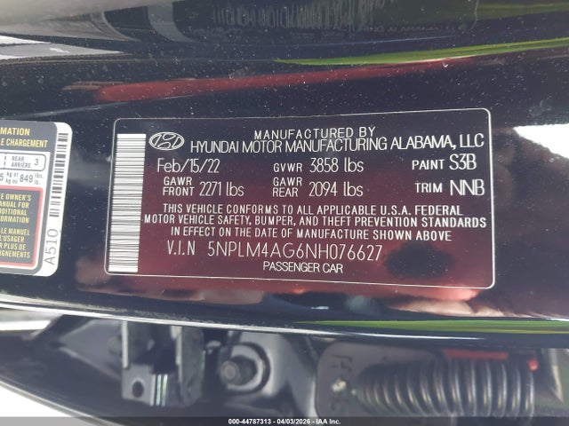 44787313 :رقم المزاد ، 5NPLM4AG6NH076627 vin ، 2022 Hyundai Elantra Sel مزاد بيع