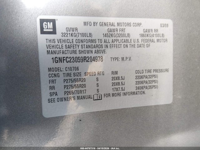 Продаж на аукціоні авто 2009 Chevrolet Tahoe Lt2, vin: 1GNFC23059R204978, номер лоту: 44787316
