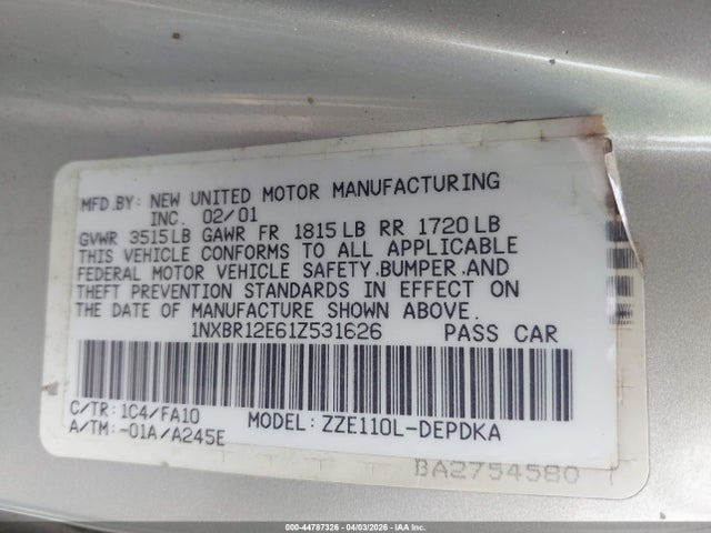 2001 TOYOTA COROLLA 1NXBR12E61Z531626 Photo 8
