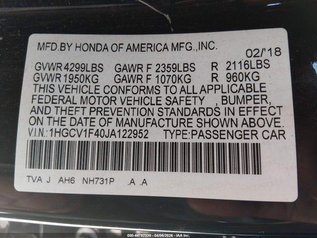 Aukcja sprzedaży 2018 Honda Accord Ex, vin: 1HGCV1F40JA122952, numer aukcji: 44787330