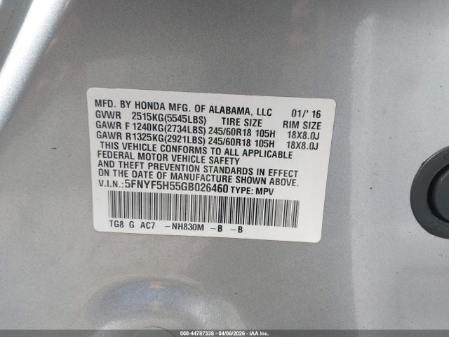 Auction sale of the 2016 Honda Pilot Ex-l, vin: 5FNYF5H55GB026460, lot number: 44787338