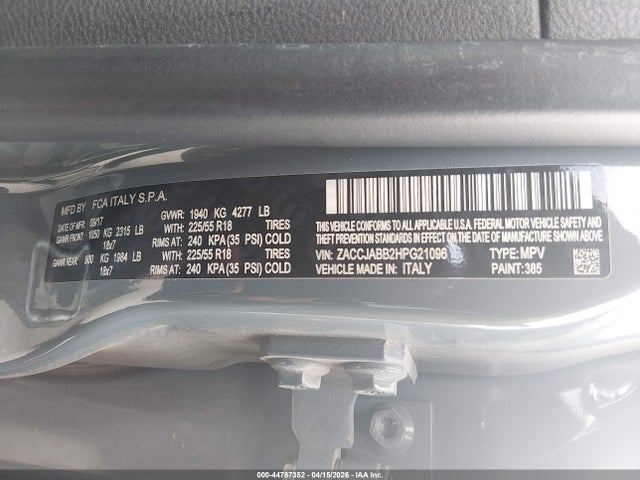Aukcja sprzedaży 2017 Jeep Renegade Latitude Fwd, vin: ZACCJABB2HPG21096, numer aukcji: 44787352