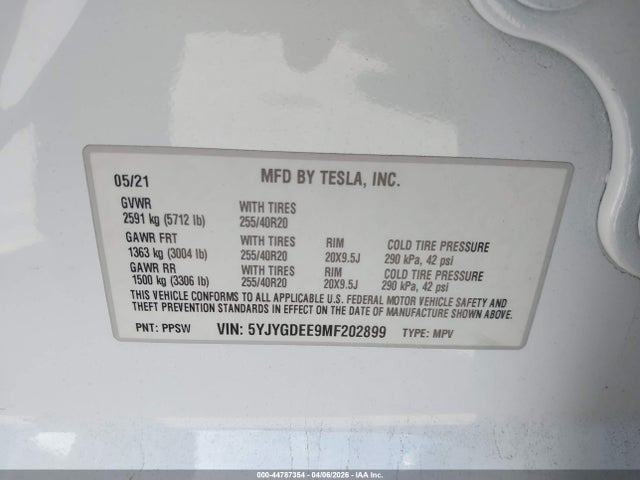 5YJYGDEE9MF202899 Tesla Model Y Long Range Dual Motor All-wheel Drive