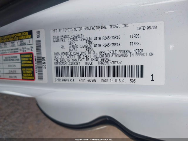 44787361 :رقم المزاد ، 5TFRX5GN1LX182367 vin ، 2020 Toyota Tacoma Sr5 مزاد بيع