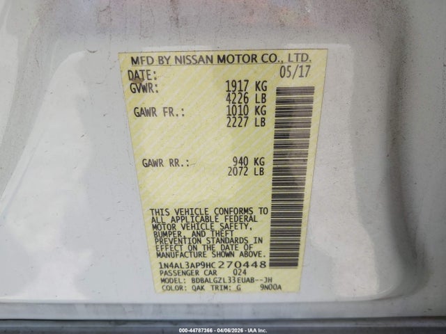 44787366 :رقم المزاد ، 1N4AL3AP9HC270448 vin ، 2017 Nissan Altima 2.5 S مزاد بيع