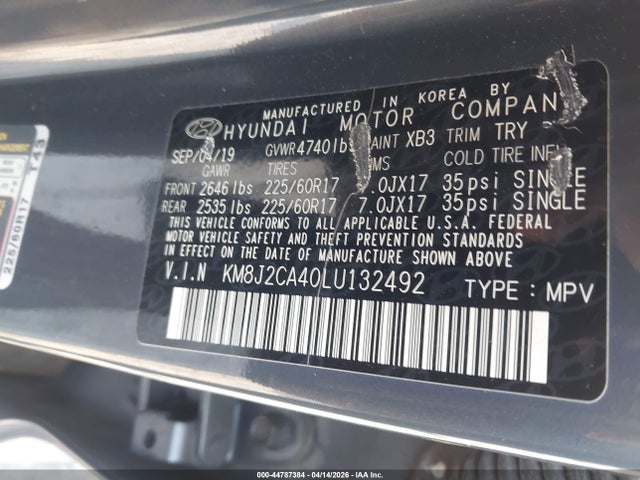 44787384 :رقم المزاد ، KM8J2CA40LU132492 vin ، 2020 Hyundai Tucson Se مزاد بيع