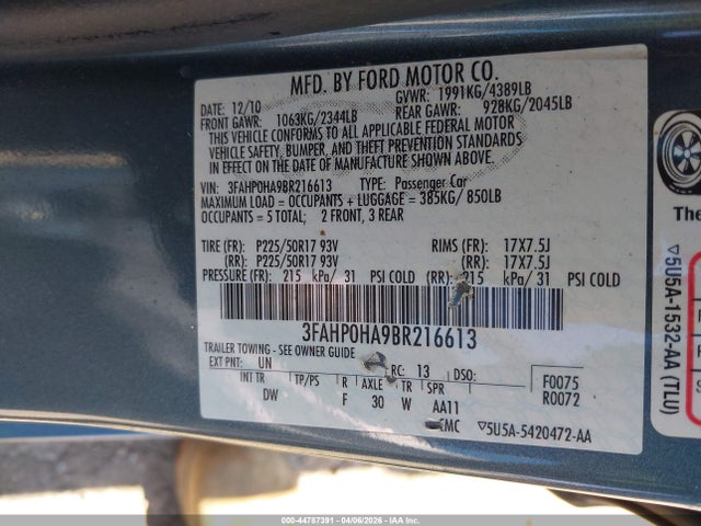 Продажа на аукционе авто 2011 Ford Fusion Se, vin: 3FAHP0HA9BR216613, номер лота: 44787391