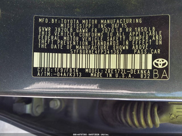 44787393 :رقم المزاد ، 5YFBURHE4FP341367 vin ، 2015 Toyota Corolla Le Plus مزاد بيع