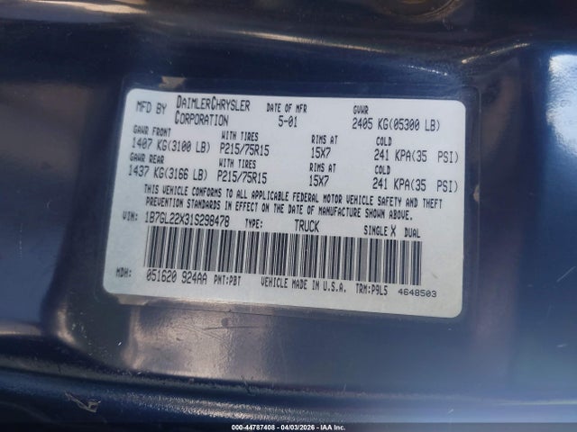 Продажа на аукционе авто 2001 Dodge Dakota Slt/sport, vin: 1B7GL22X31S298478, номер лота: 44787408