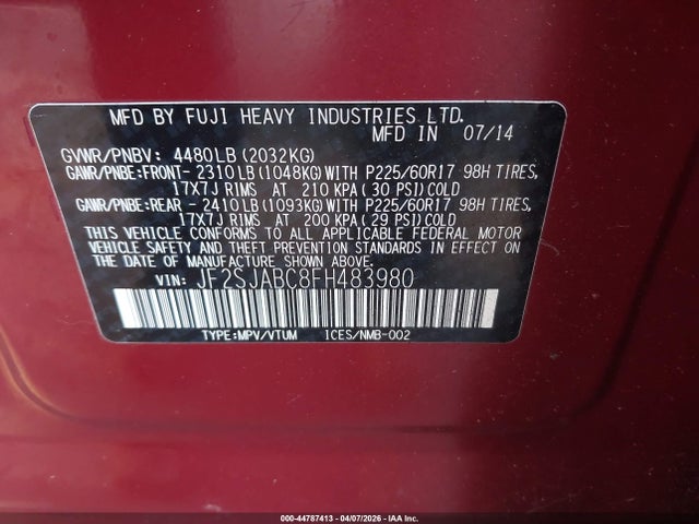 Aukcja sprzedaży 2015 Subaru Forester 2.5i, vin: JF2SJABC8FH483980, numer aukcji: 44787413