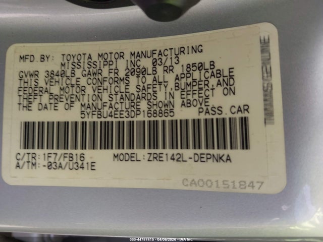 44787415 :رقم المزاد ، 5YFBU4EE3DP168865 vin ، 2013 Toyota Corolla Le مزاد بيع