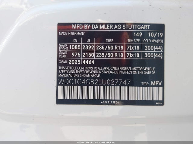 WDCTG4GB2LU027747 Mercedes-Benz Gla 250 4matic