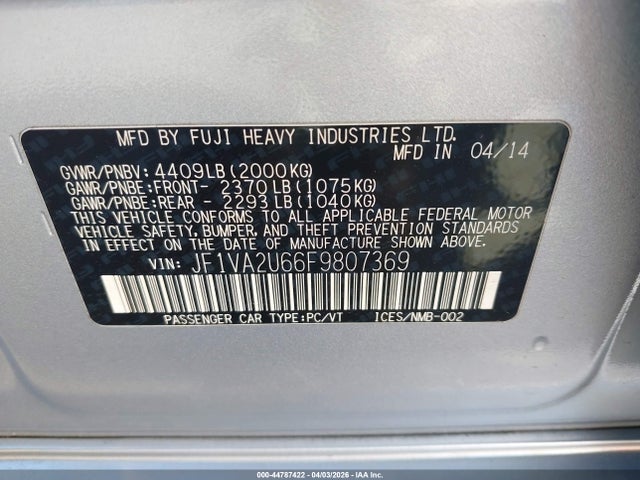 Aukcja sprzedaży 2015 Subaru Wrx Sti Limited, vin: JF1VA2U66F9807369, numer aukcji: 44787422