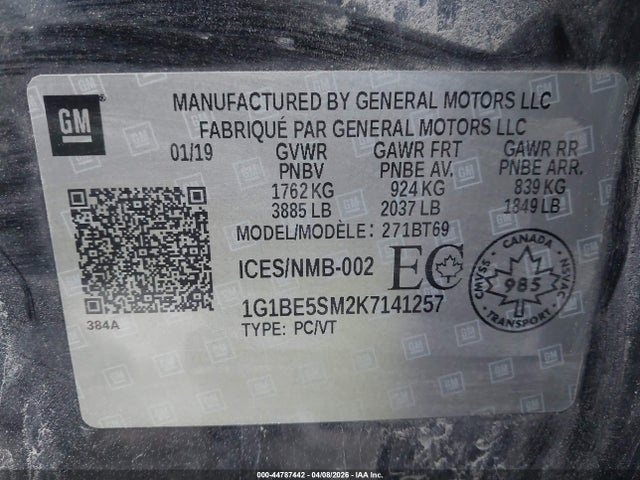 44787442 :رقم المزاد ، 1G1BE5SM2K7141257 vin ، 2019 Chevrolet Cruze Lt مزاد بيع