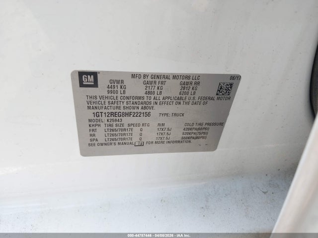 Продаж на аукціоні авто 2017 Gmc Sierra 2500hd, vin: 1GT12REG8HF222156, номер лоту: 44787446