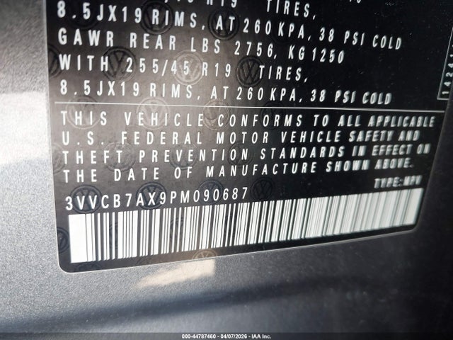 44787460 :رقم المزاد ، 3VVCB7AX9PM090687 vin ، 2023 Volkswagen Tiguan 2.0t Se R-line Black مزاد بيع