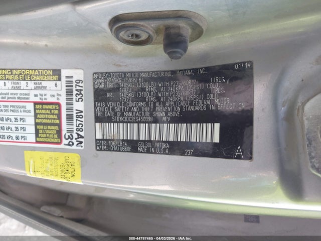 5TDYK3DC2ES450398 Toyota Sienna Xle V6 8 Passenger