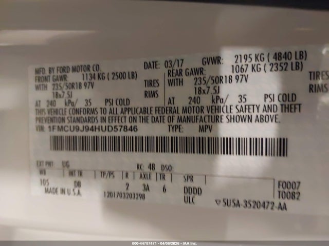 Продажа на аукционе авто 2017 Ford Escape Titanium, vin: 1FMCU9J94HUD57846, номер лота: 44787471