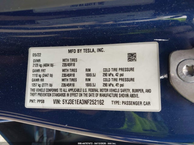 Tesla Model 3 Rear-wheel Drive 2022 5YJ3E1EA3NF252162 Image 9