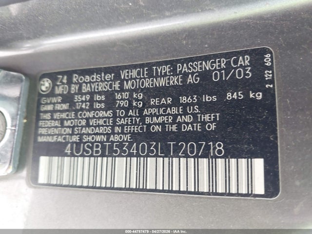 Aukcja sprzedaży 2003 Bmw Z4 3.0i, vin: 4USBT53403LT20718, numer aukcji: 44787479