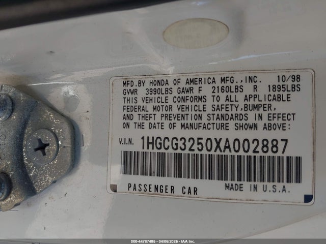 44787485 :رقم المزاد ، 1HGCG3250XA002887 vin ، 1999 Honda Accord Ex مزاد بيع