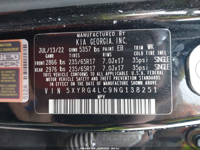 Продажа на аукционе авто 2022 Kia Sorento Lx, vin: 5XYRG4LC9NG138251, номер лота: 44787486