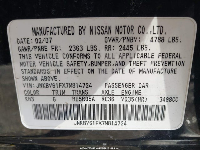Aukcja sprzedaży 2007 Infiniti G35x, vin: JNKBV61FX7M814724, numer aukcji: 44787492