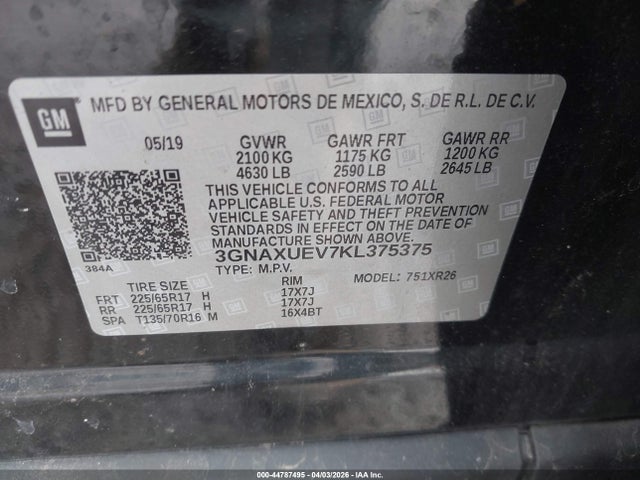 44787495 :رقم المزاد ، 3GNAXUEV7KL375375 vin ، 2019 Chevrolet Equinox Lt مزاد بيع