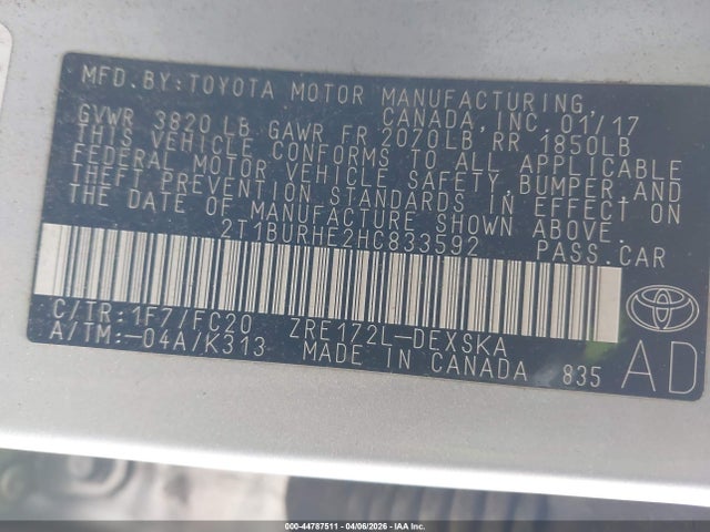2T1BURHE2HC833592 Toyota COROLLA SE