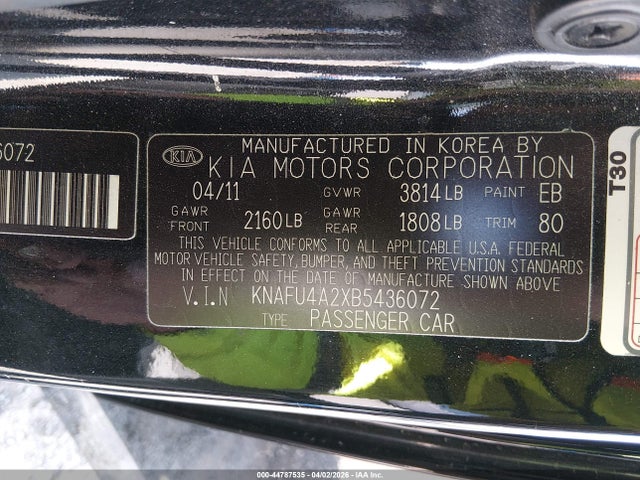 Aukcja sprzedaży 2011 Kia Forte Ex, vin: KNAFU4A2XB5436072, numer aukcji: 44787535