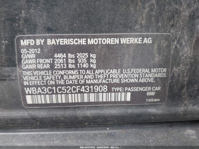 44787538 :رقم المزاد ، WBA3C1C52CF431908 vin ، 2012 Bmw 328i مزاد بيع