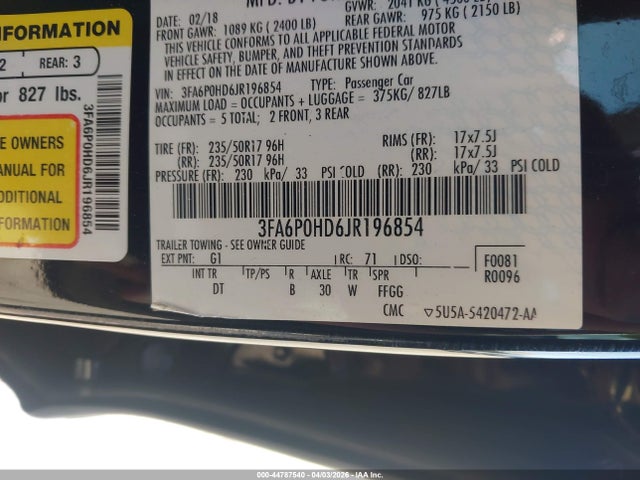 2018 FORD FUSION 3FA6P0HD6JR196854 Photo 8