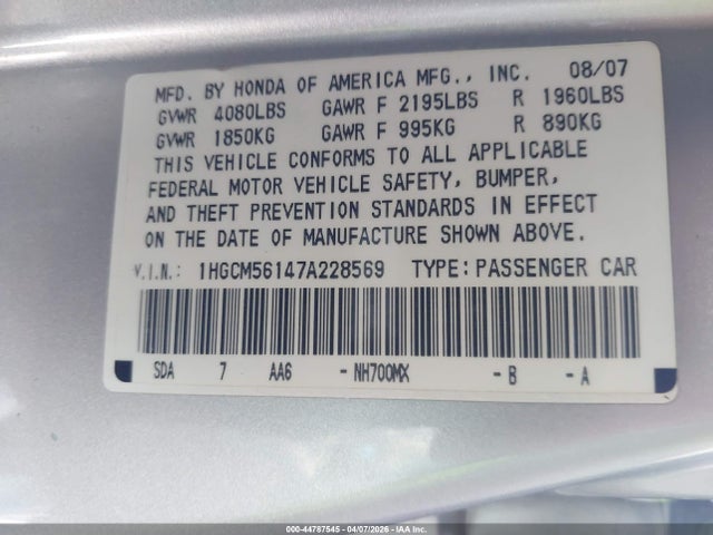 2007 HONDA ACCORD 1HGCM56147A228569 Photo 8