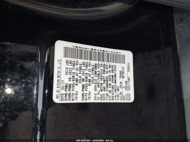 44787547 :رقم المزاد ، JN8CS1MW0HM414092 vin ، 2017 Infiniti Qx70 مزاد بيع
