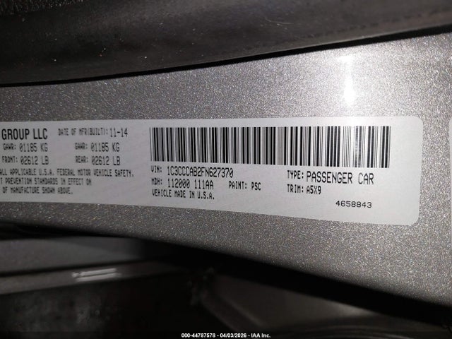 Auction sale of the 2015 Chrysler 200 Limited, vin: 1C3CCCAB2FN627370, lot number: 44787578