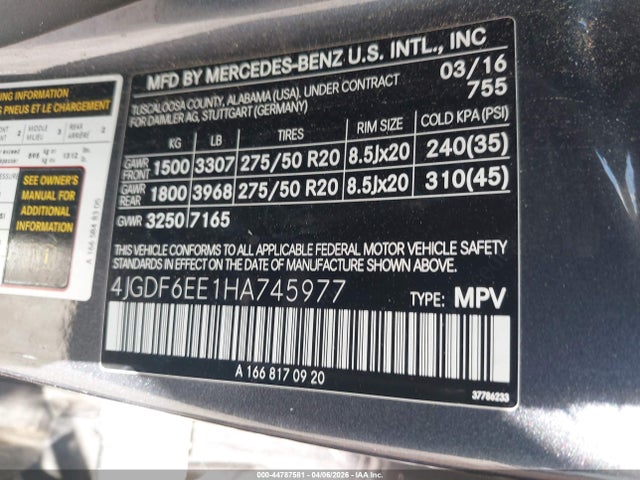 Продаж на аукціоні авто 2017 Mercedes-benz Gls 450 4matic, vin: 4JGDF6EE1HA745977, номер лоту: 44787581