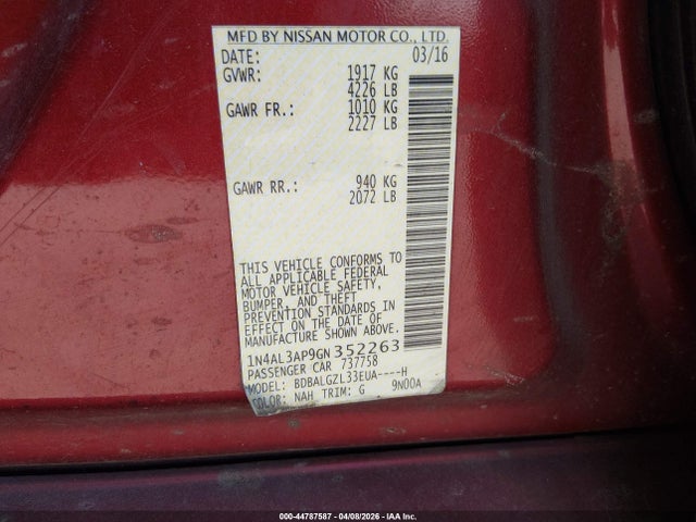 44787587 :رقم المزاد ، 1N4AL3AP9GN352263 vin ، 2016 Nissan Altima 2.5 S مزاد بيع