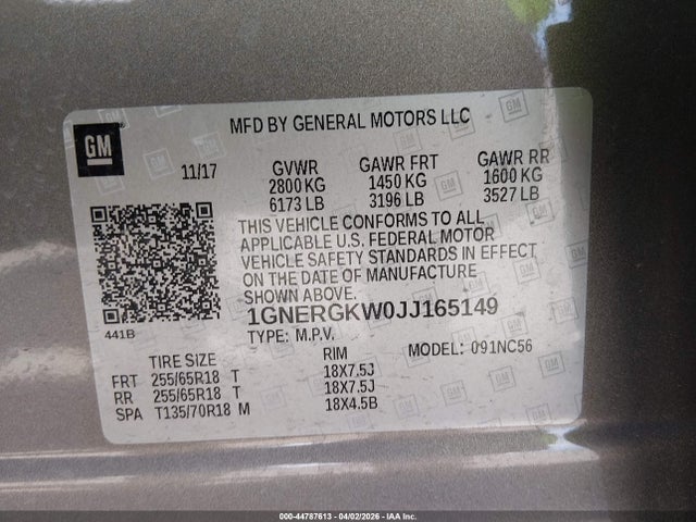1GNERGKW0JJ165149 Chevrolet Traverse 1lt