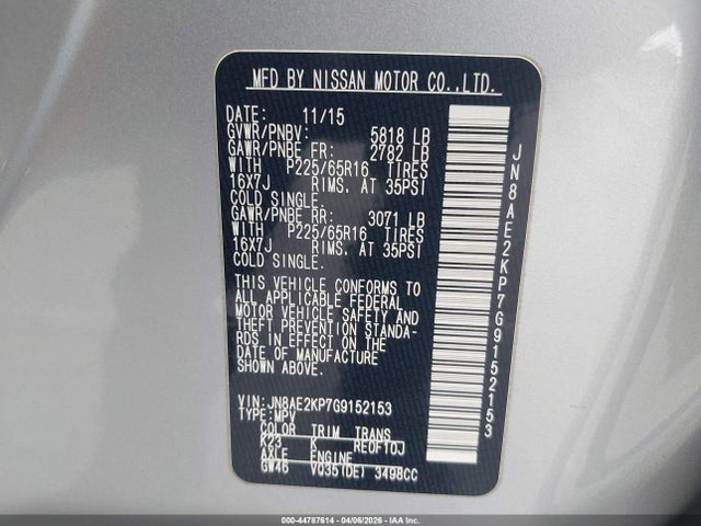 JN8AE2KP7G9152153 Nissan Quest Platinum/s/sl/sv