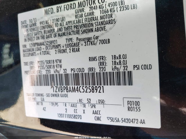 44787618 :رقم المزاد ، 1ZVBP8AM4C5258921 vin ، 2012 Ford Mustang V6 Premium مزاد بيع