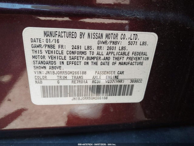 44787624 :رقم المزاد ، JN1BJ0RR5GM266188 vin ، 2016 Infiniti Qx50 مزاد بيع