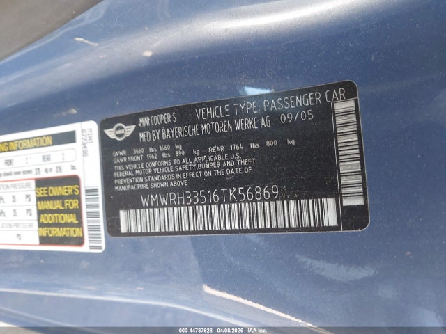 Продажа на аукционе авто 2006 Mini Cooper S, vin: WMWRH33516TK56869, номер лота: 44787628